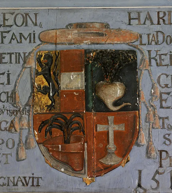 Stemma storico con iscrizione in latino e simboli religiosi datato 1513