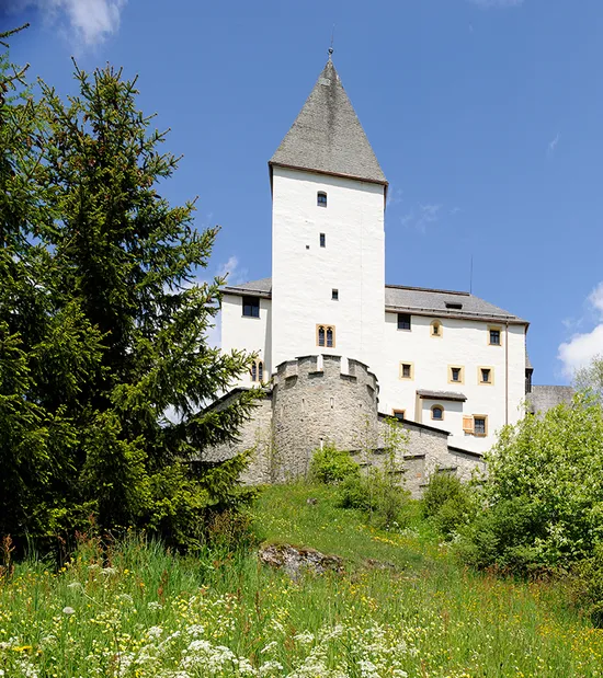 Mittelalterliche weiße Burg mit Spitzdach auf einem Hügel, umgeben von Grün und roten Fahnen
