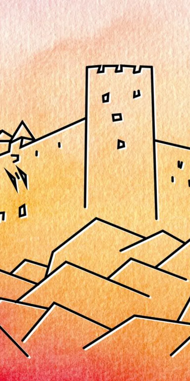 Abstrakte Strichzeichnung einer Burg auf Hügeln vor orangefarbenem Aquarellhintergrund