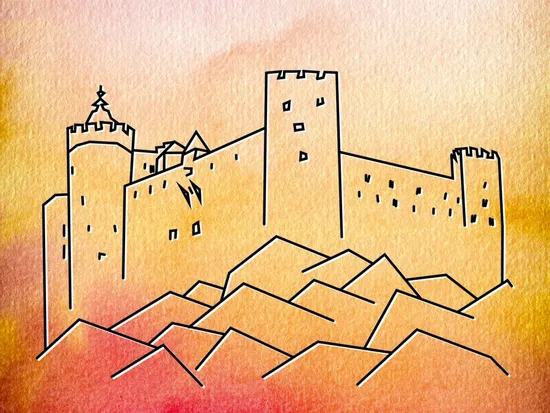 Abstrakte Strichzeichnung einer Burg auf Hügeln vor orangefarbenem Aquarellhintergrund