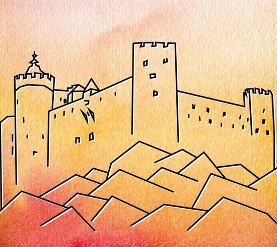 Abstrakte Strichzeichnung einer Burg auf Hügeln vor orangefarbenem Aquarellhintergrund