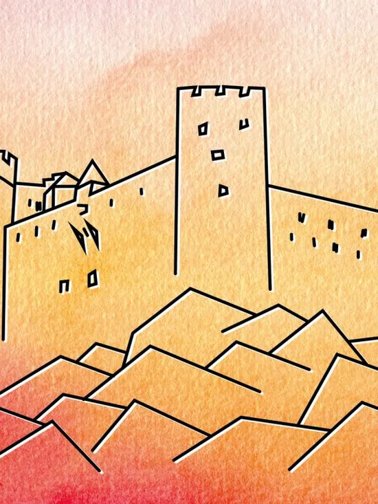 Abstrakte Strichzeichnung einer Burg auf Hügeln vor orangefarbenem Aquarellhintergrund
